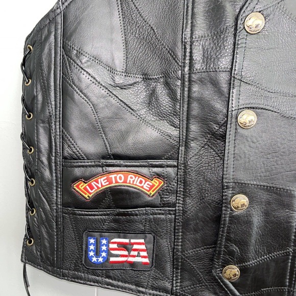 Diamond Plate Buffalo Leather Retro Black Biker Patch Motorcycle Vest Mens Sz L - Picture 6 of 16